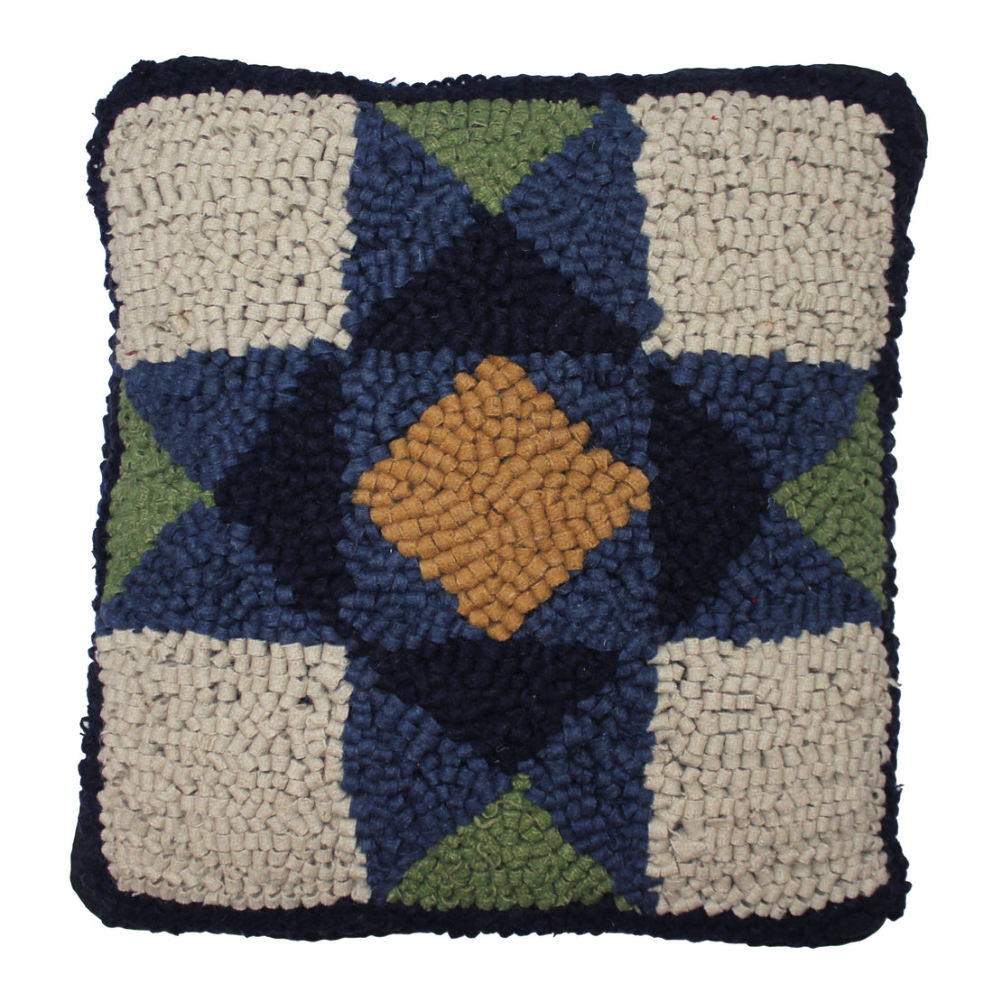 Blue Quilt Square Wool Hooked Pillow 14 In - Home Collections by Raghu