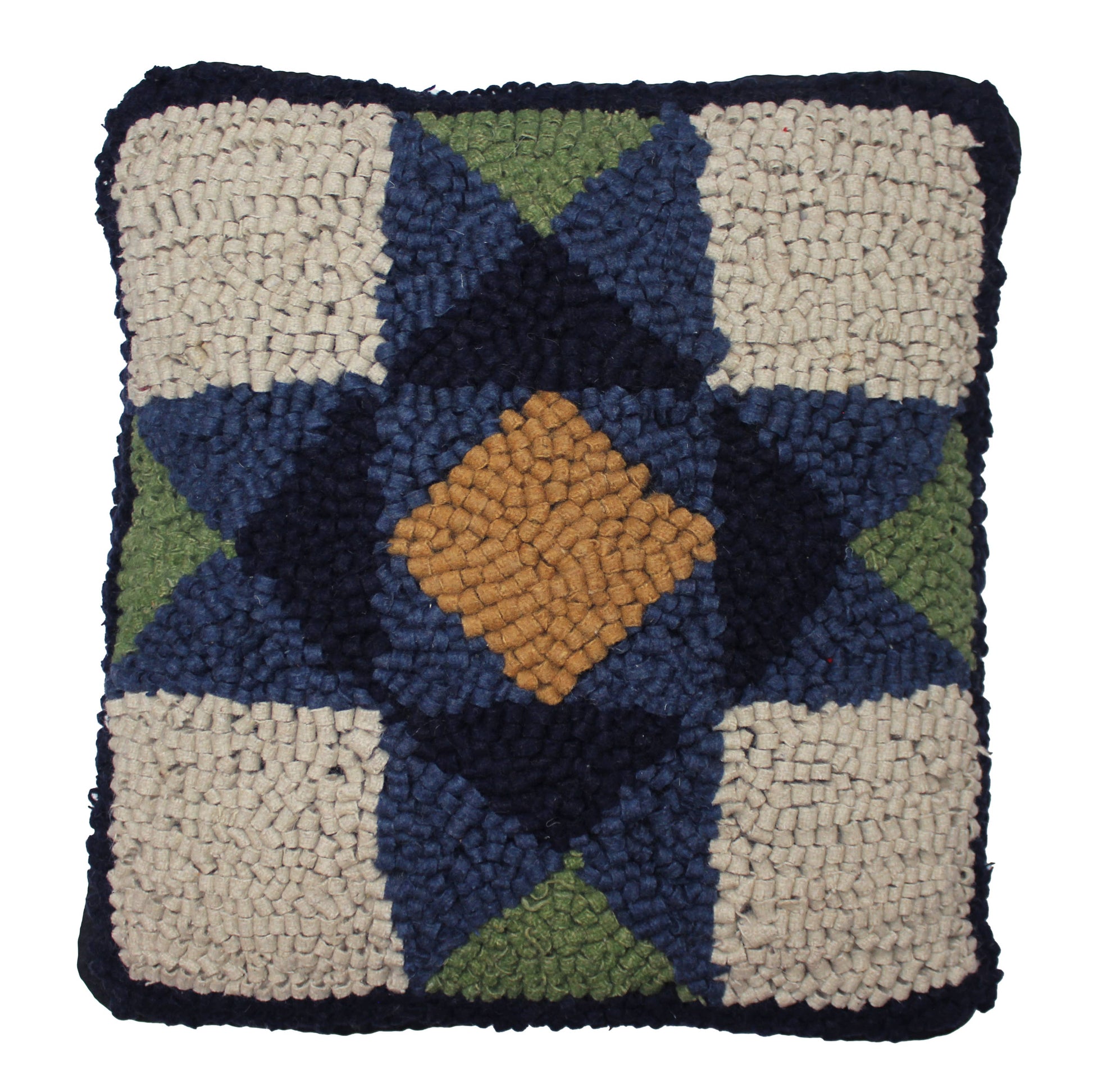 Blue Quilt Square Wool Hooked Pillow 14 In - Home Collections by Raghu