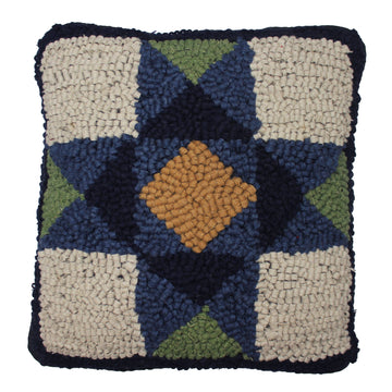 Blue Quilt Square Wool Hooked Pillow 14 In - Home Collections by Raghu