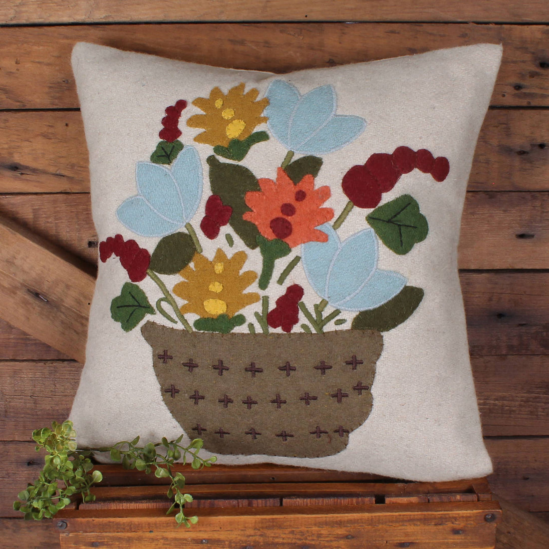 Floral Basket Wool Pillow 14 In - Home Collections by Raghu