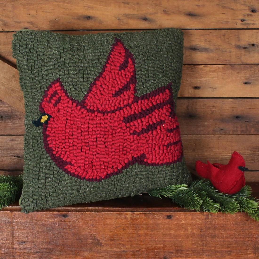 Cardinal Wool Hooked  Pillow 14 In - Home Collections by Raghu