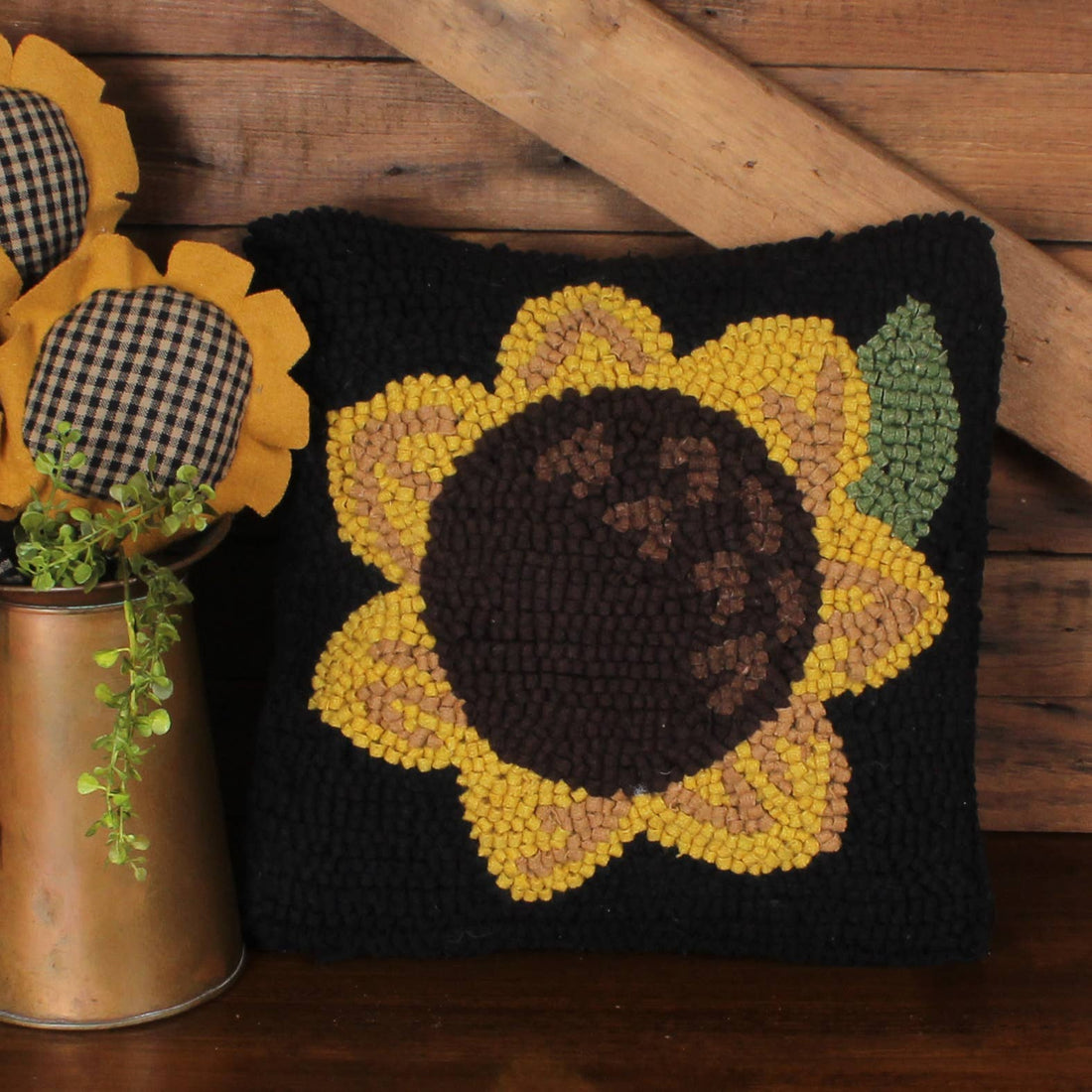 Sunflower Wool Hooked Pillow 14 In - Home Collections by Raghu