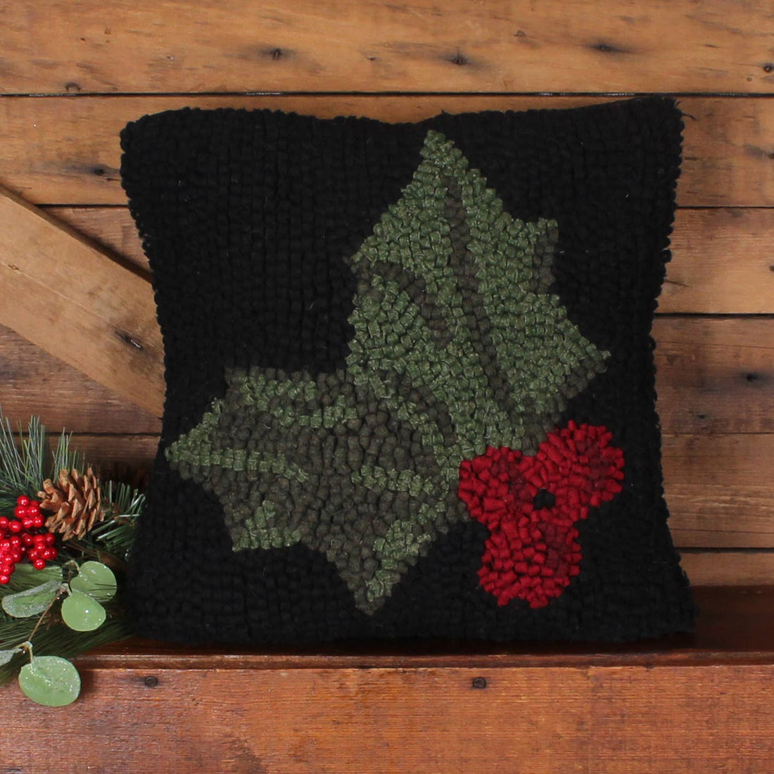 Holly Wool Hooked  Pillow 14 In - Home Collections by Raghu