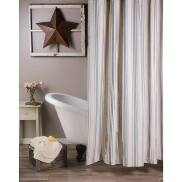 Cream-Colonial Blue Grain Sack Stripe Shower Curtain - Home Collections by Raghu