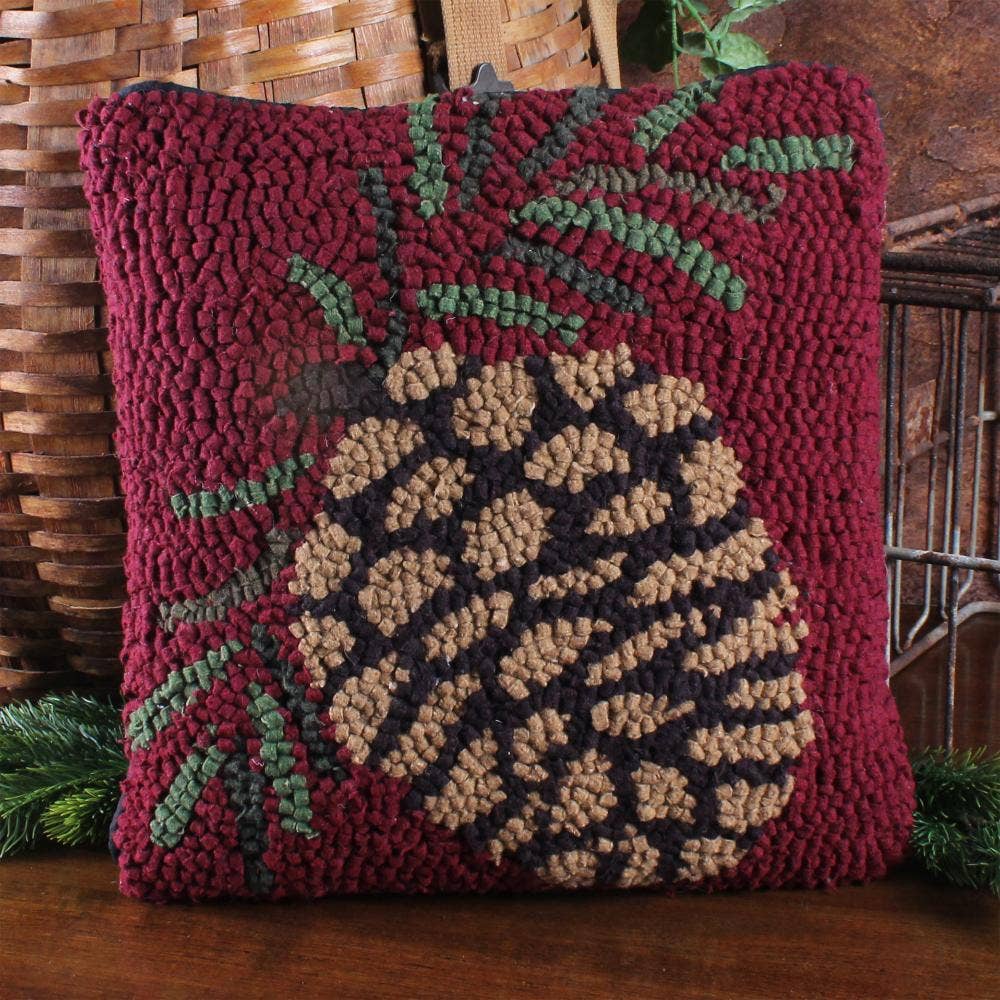 Pinecone Hooked Pillow 14x14 PL140105
