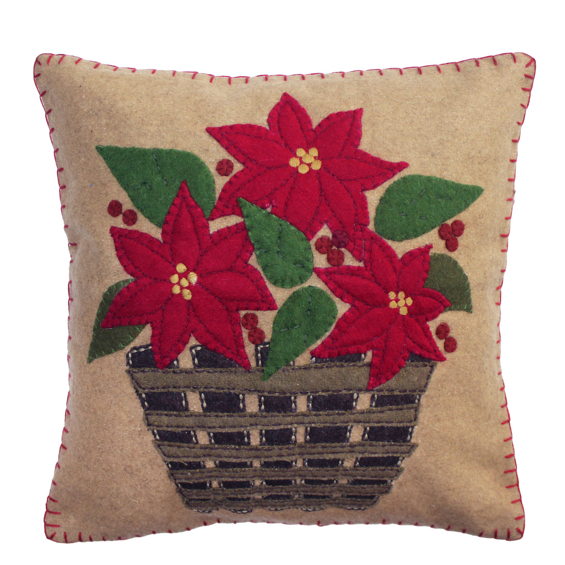 Poinsettia Basket Wool Pillow 14 In - Home Collections by Raghu