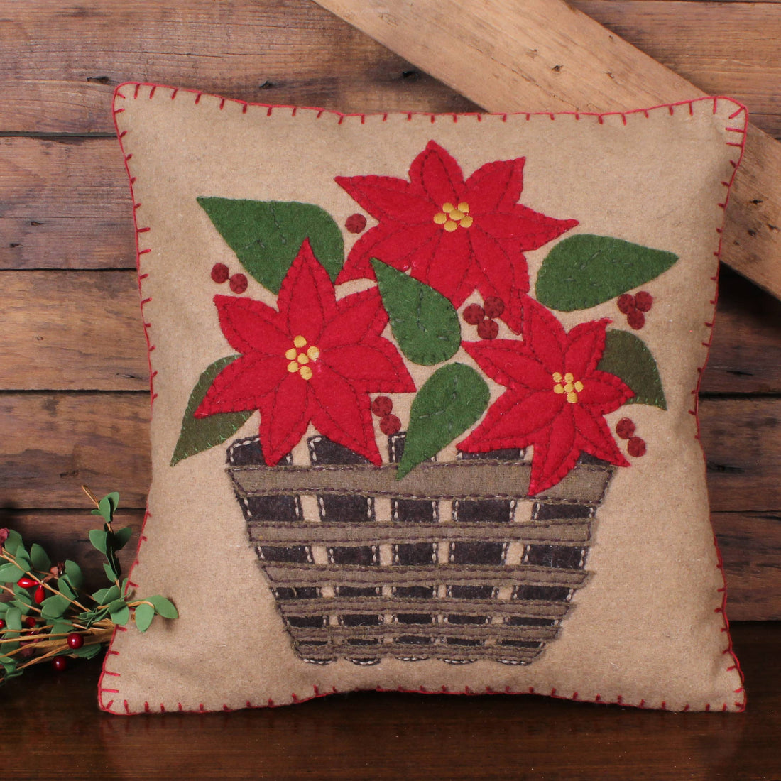 Poinsettia Basket Wool Pillow 14 In - Home Collections by Raghu
