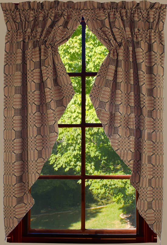 Trenton Jacquard Nutmeg Black Red Gathered Swag  - Home Collections by Raghu