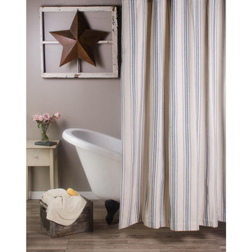 Cream-Colonial Blue Grain Sack Stripe Shower Curtain - Home Collections by Raghu