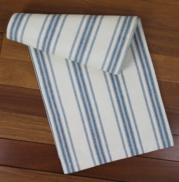 Grain Sack Stripe Cream - Colonial Blue Table Runner   - Home Collections by Raghu