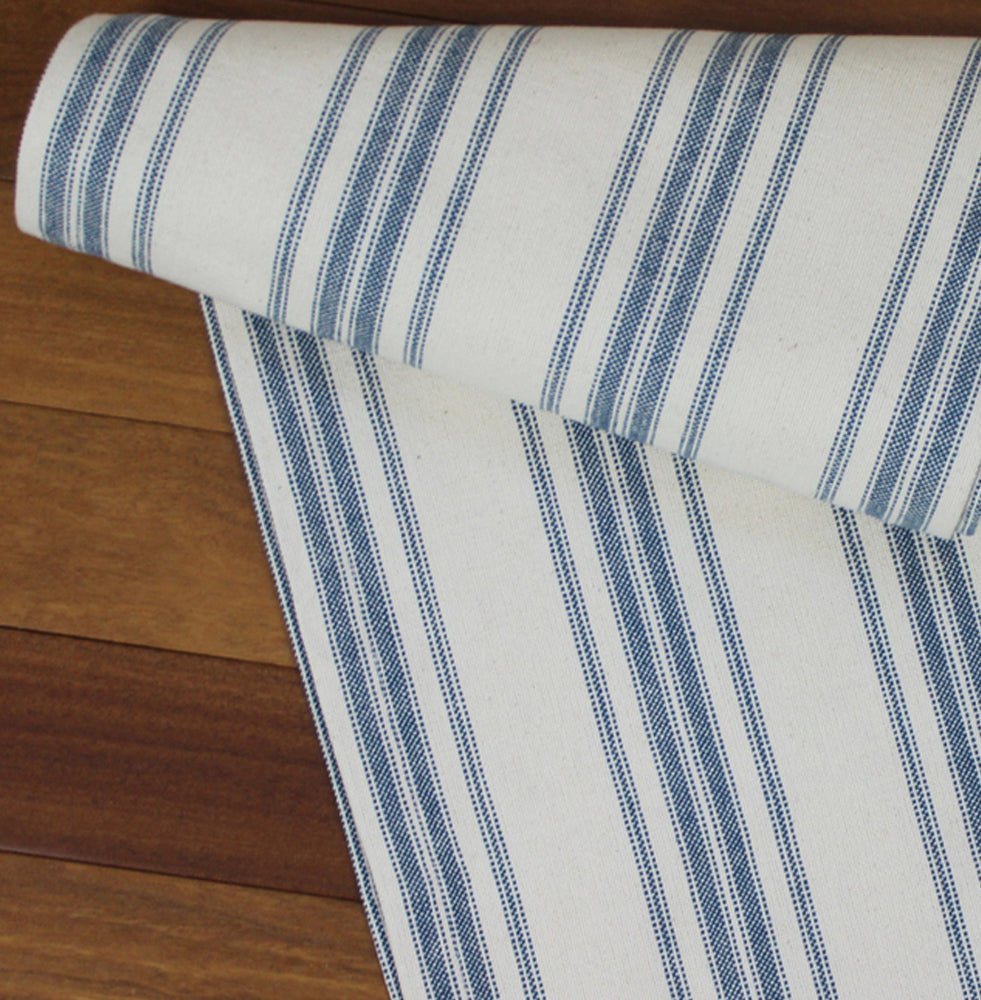 Grain Sack Stripe Cream - Colonial Blue Table Runner   - Home Collections by Raghu