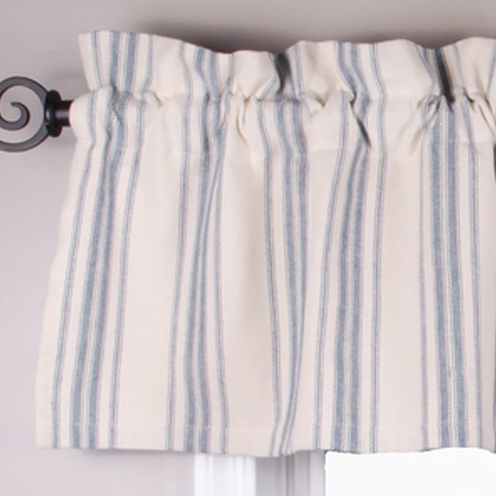 Colonial Blue-Cream Grain Sack Stripe Valance - Lined - Home Collections by Raghu