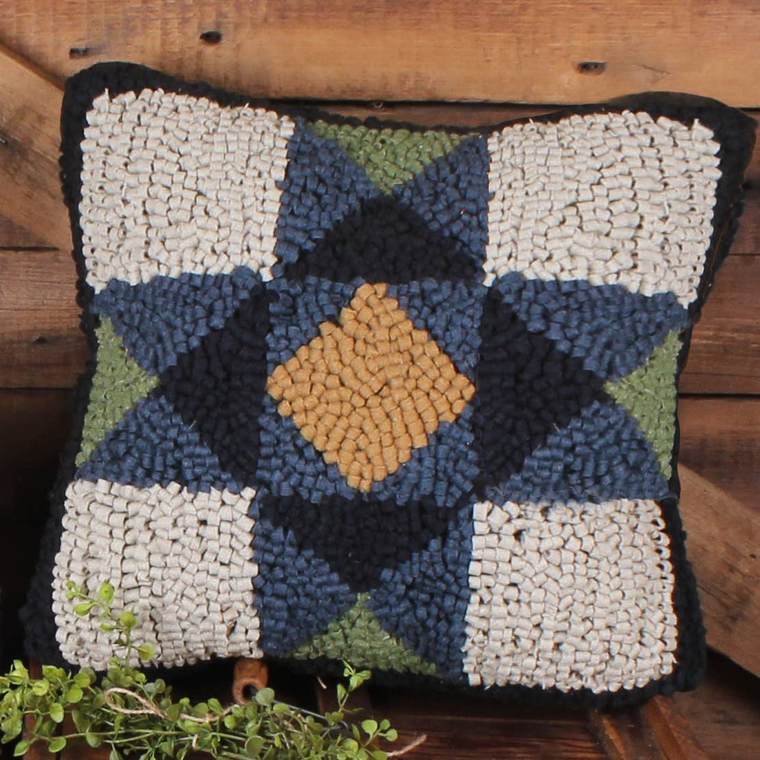 Blue Quilt Square Wool Hooked Pillow 14 In - Home Collections by Raghu