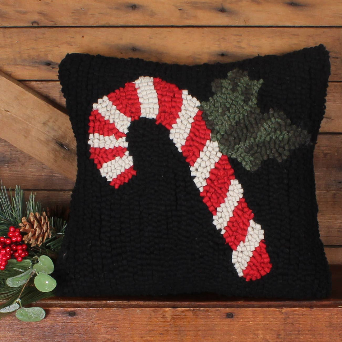 Candy Cane Wool Hooked  Pillow 14 In - Home Collections by Raghu