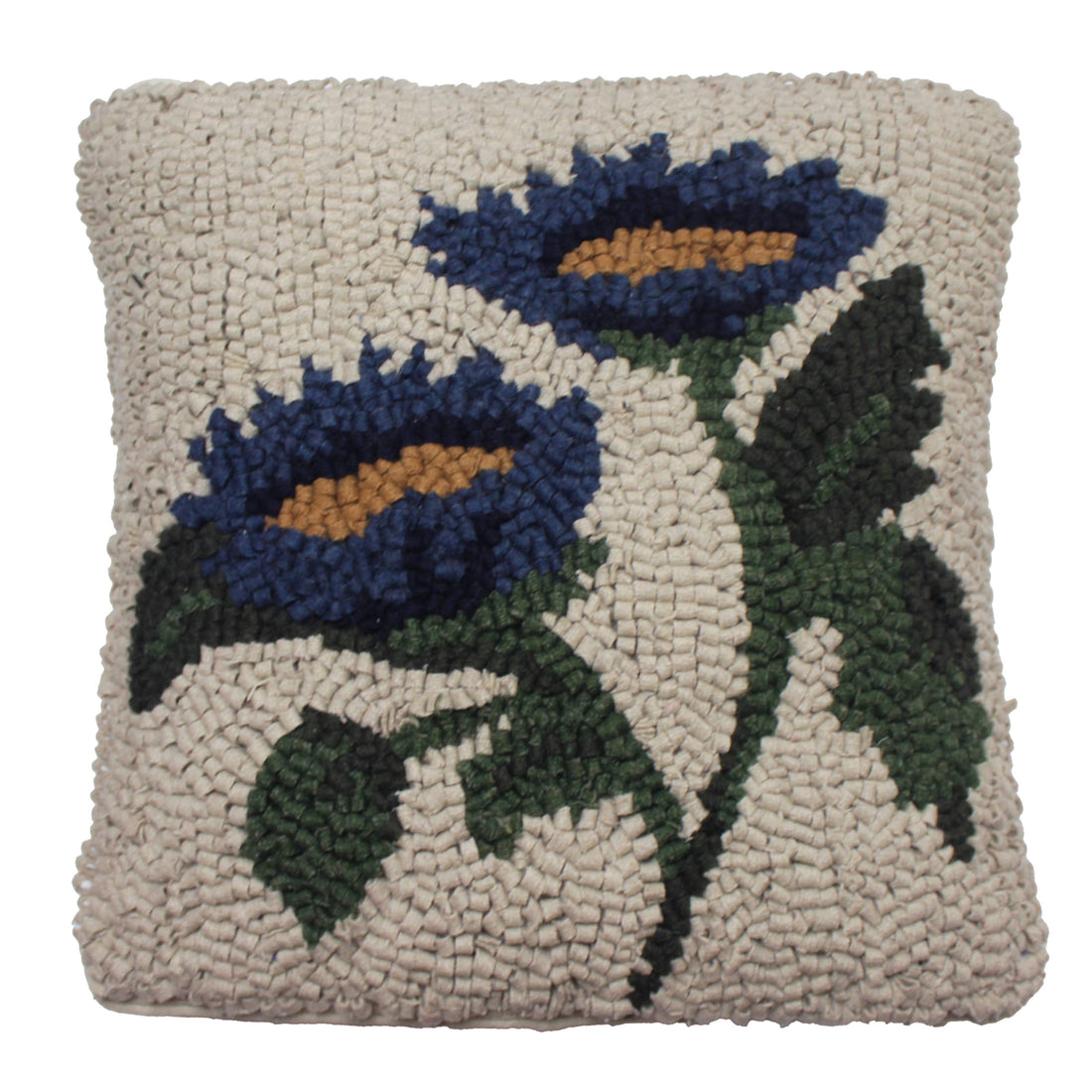 Blue Flowers Wool Hooked Pillow 14 In - Home Collections by Raghu